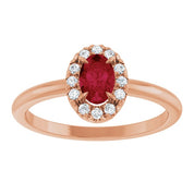 14K Rose Natural Ruby & 1/10 CTW Natural Diamond French-Set Halo-Style Ring