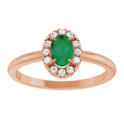 14K Rose Lab-Grown Emerald & 1/10 CTW Natural Diamond French-Set Halo-Style Ring