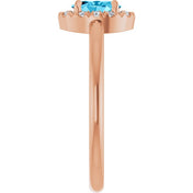 14K Rose Natural Aquamarine & 1/10 CTW Natural Diamond French-Set Halo-Style Ring