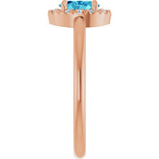 14K Rose Natural Blue Zircon & 1/10 CTW Natural Diamond French-Set Halo-Style Ring