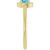 14K Yellow Natural Blue Zircon & .05 CTW Natural Diamond French-Set Halo-Style Ring