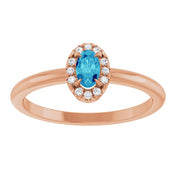 14K Rose Natural Blue Zircon & .05 CTW Natural Diamond French-Set Halo-Style Ring
