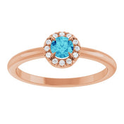 14K Rose Natural Blue Zircon & .05 CTW Natural Diamond French-Set Halo-Style Ring