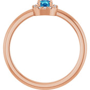 14K Rose Natural Blue Zircon & .05 CTW Natural Diamond French-Set Halo-Style Ring