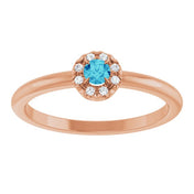 14K Rose Natural Blue Zircon & .03 CTW Natural Diamond French-Set Halo-Style Ring
