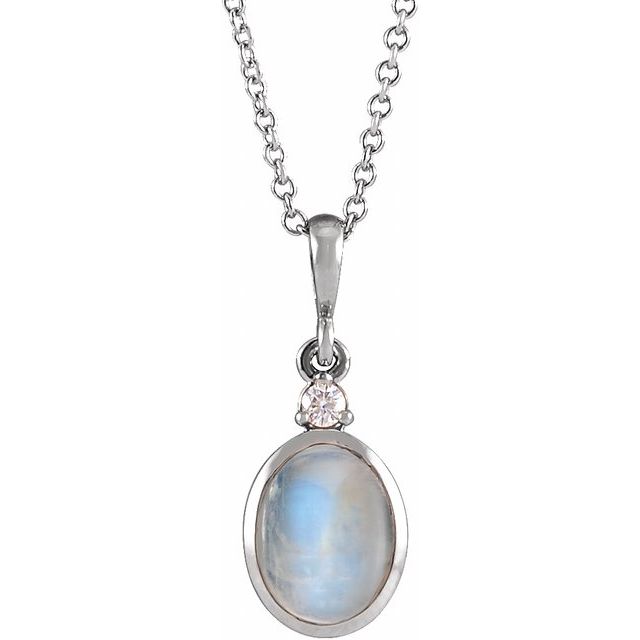 Sterling Silver 5x3 mm Natural Rainbow Moonstone & .03 CT Natural Diamond 16-18" Necklace