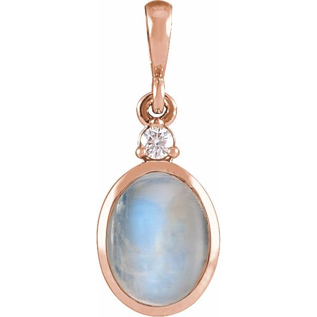 14K Rose 5x3 mm Natural Rainbow Moonstone & .02 CT Natural Diamond Cabochon Pendant