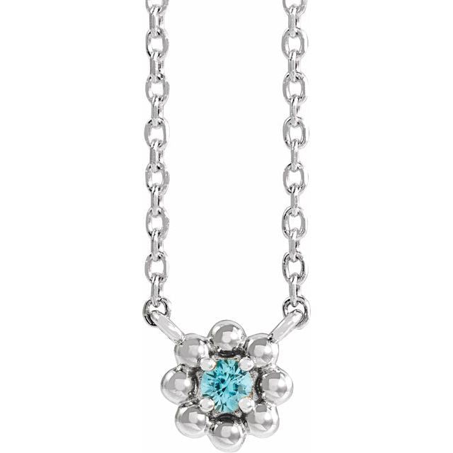 14K White Natural Blue Zircon Beaded Youth 16" Necklace