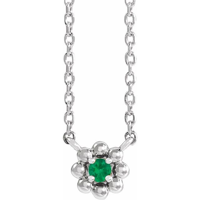 14K White Lab-Grown Emerald Beaded Youth 16" Necklace