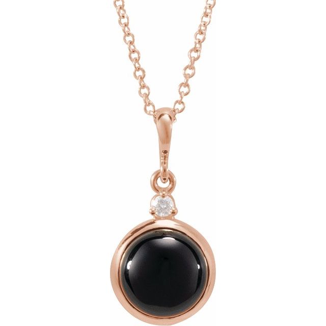 14K Rose 8 mm Natural Black Onyx & .03 CT Natural Diamond Cabochon 16-18" Necklace