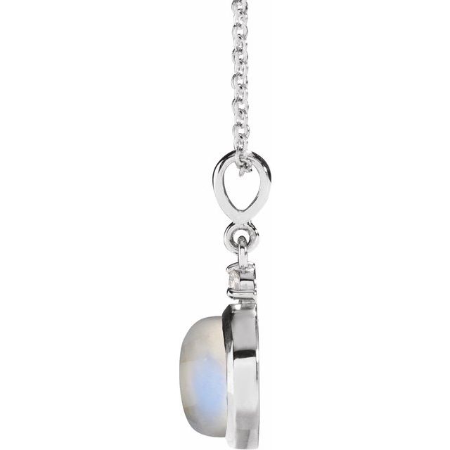 14K White 8 mm Natural Rainbow Moonstone & .03 CT Natural Diamond Cabochon 16-18" Necklace