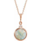 14K Rose 6 mm Natural White Opal & .03 CT Natural Diamond Cabochon 16-18" Necklace
