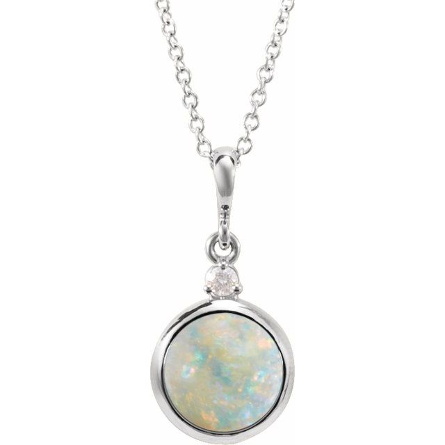 14K White 8 mm Natural White Opal & .03 CT Natural Diamond Cabochon 16-18" Necklace