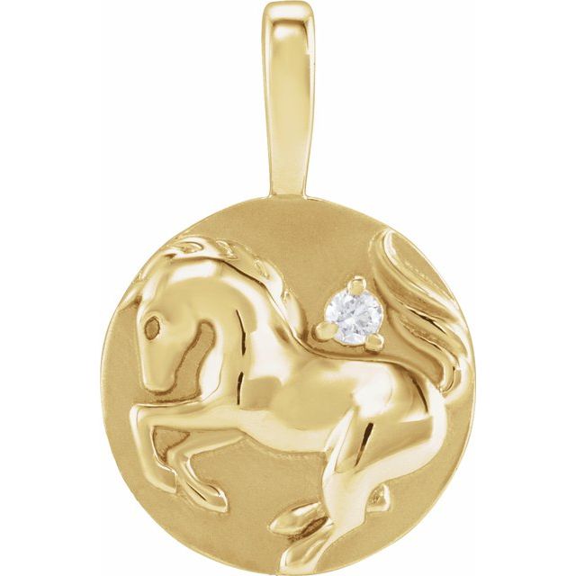 14K Yellow Gold .015 CT Natural Diamond Chinese Zodiac Horse Pendant - Perfect Gift