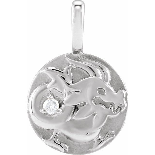 14K White Gold .015 CT Natural Diamond Chinese Zodiac Dragon Pendant