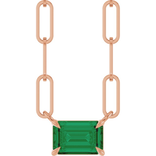 14K Rose 6x4 mm Natural Emerald Solitaire 16" Necklace