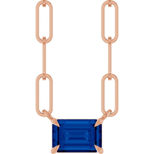 14K Rose 6x4 mm Lab-Grown Blue Sapphire Solitaire 18" Necklace