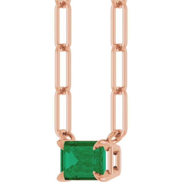 14K Rose 6x4 mm Natural Emerald Solitaire 16" Necklace