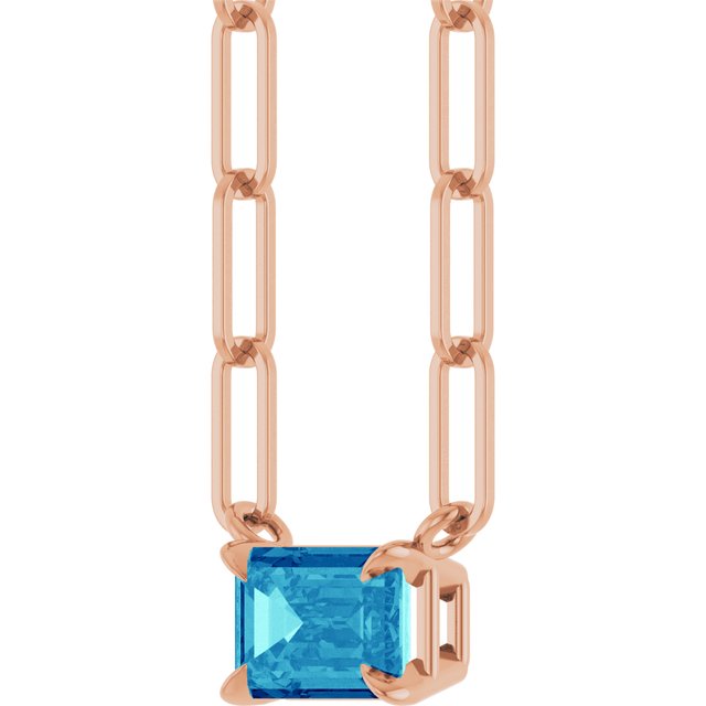 14K Rose 6x4 mm Natural Blue Zircon Solitaire 16" Necklace
