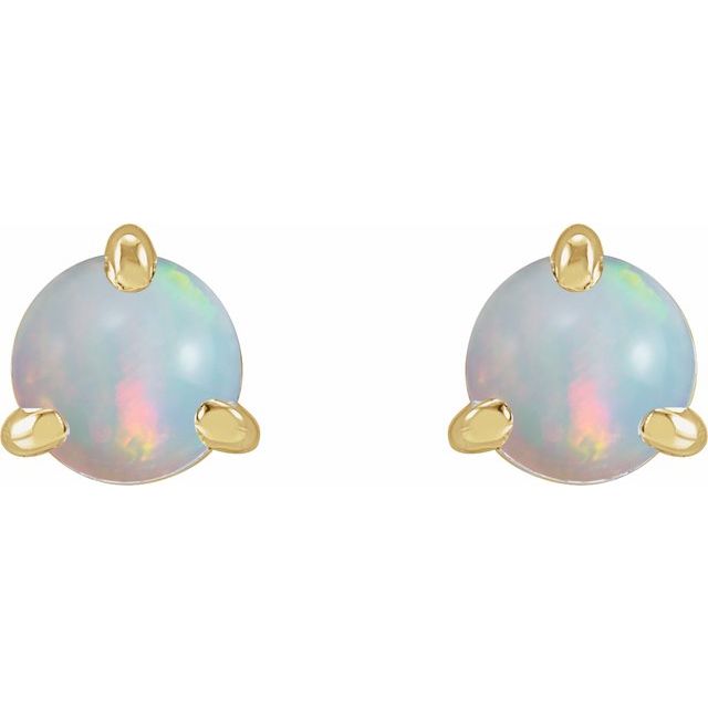 14K Yellow Cabochon Natural White Opal Stud Earrings