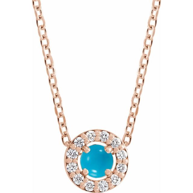 14K Rose Cabochon Natural Turquoise & .06 CTW Natural Diamond Halo-Style 16-18" Necklace