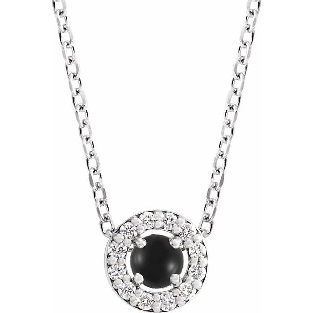 Sterling Silver Cabochon Natural Black Onyx & .06 CTW Natural Diamond Halo-Style 16-18" Necklace