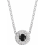 14K White Cabochon Natural Black Onyx & .05 CTW Natural Diamond Halo-Style 16-18" Necklace