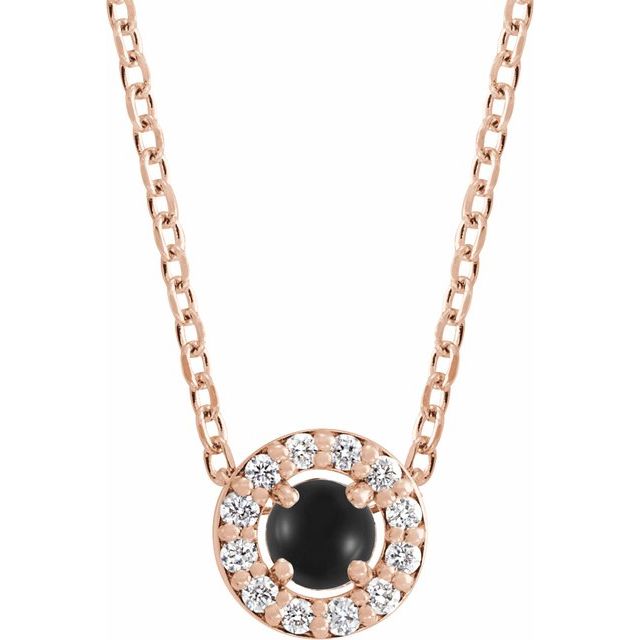 14K Rose Cabochon Natural Black Onyx & .06 CTW Natural Diamond Halo-Style 16-18" Necklace