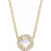 14K Yellow Cabochon Natural Rainbow Moonstone & .06 CTW Natural Diamond Halo-Style 16-18" Necklace