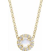 14K Yellow Cabochon Natural Rainbow Moonstone & .06 CTW Natural Diamond Halo-Style 16-18" Necklace