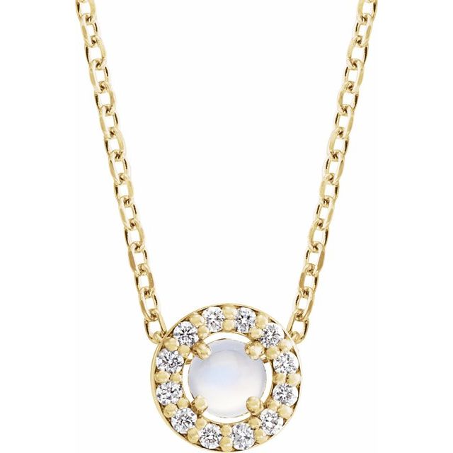 14K Yellow Cabochon Natural Rainbow Moonstone & .05 CTW Natural Diamond Halo-Style 16-18" Necklace