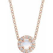 14K Rose Cabochon Natural Rainbow Moonstone & .06 CTW Natural Diamond Halo-Style 16-18" Necklace