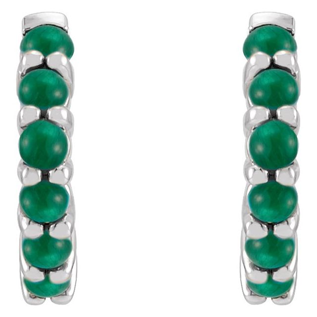 14K White Natural Emerald Cabochon 12.2 mm Huggie Hoop Earrings