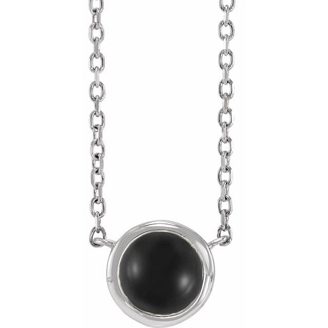 Sterling Silver Cabochon Natural Black Onyx Bezel-Set 18" Necklace