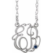 Rhodium-Plated Sterling Silver 15 mm 2-Initial Imitation Blue Sapphire Script Monogram Necklace