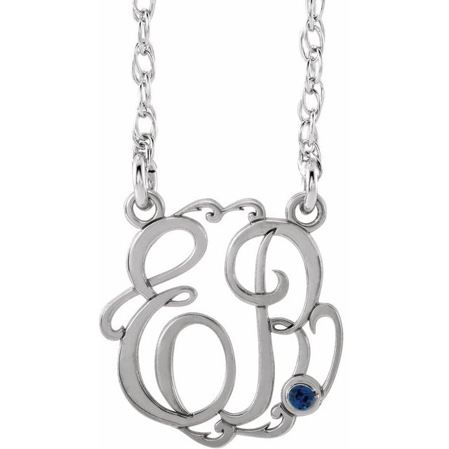 Rhodium-Plated Sterling Silver 15 mm 2-Initial Imitation Blue Sapphire Script Monogram Necklace