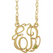 10K Imitation Peridot Script Monogram Necklace with 2 or 3 Initials in Various Sizes