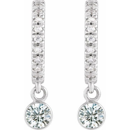 Diamond Mini Hoop Earrings, 0.08 Carats On Top with 10 Pointer Dangle Gemstone Below