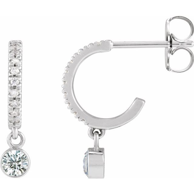 Diamond Mini Hoop Earrings, 0.08 Carats On Top with 10 Pointer Dangle Gemstone Below