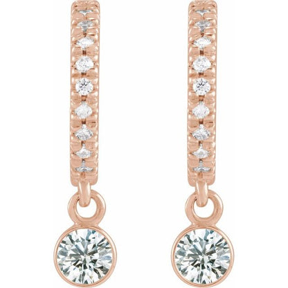 Diamond Mini Hoop Earrings, 0.08 Carats On Top with 10 Pointer Dangle Gemstone Below