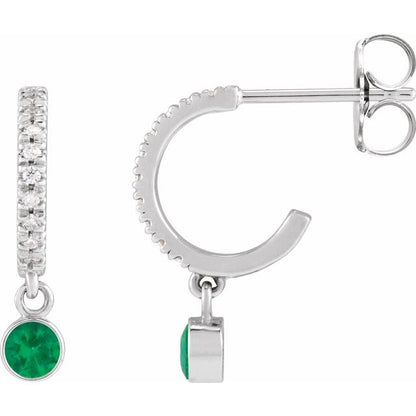 Diamond Mini Hoop Earrings, 0.08 Carats On Top with 10 Pointer Dangle Gemstone Below