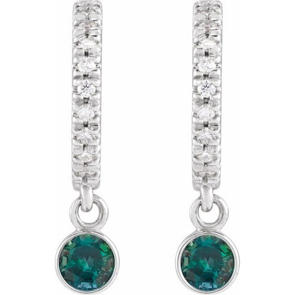 Diamond Mini Hoop Earrings, 0.08 Carats On Top with 10 Pointer Dangle Gemstone Below