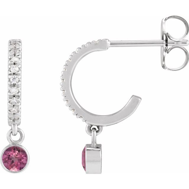 Diamond Mini Hoop Earrings, 0.08 Carats On Top with 10 Pointer Dangle Gemstone Below