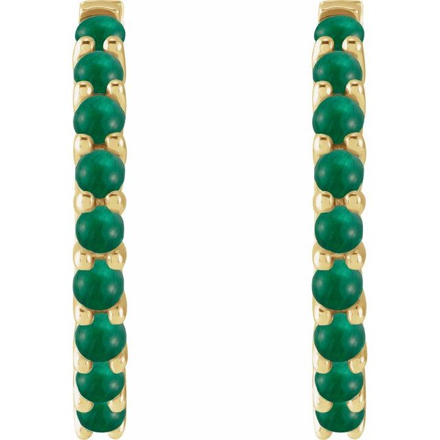 14K Yellow Natural Emerald Cabochon 20 mm Huggie Hoop Earrings