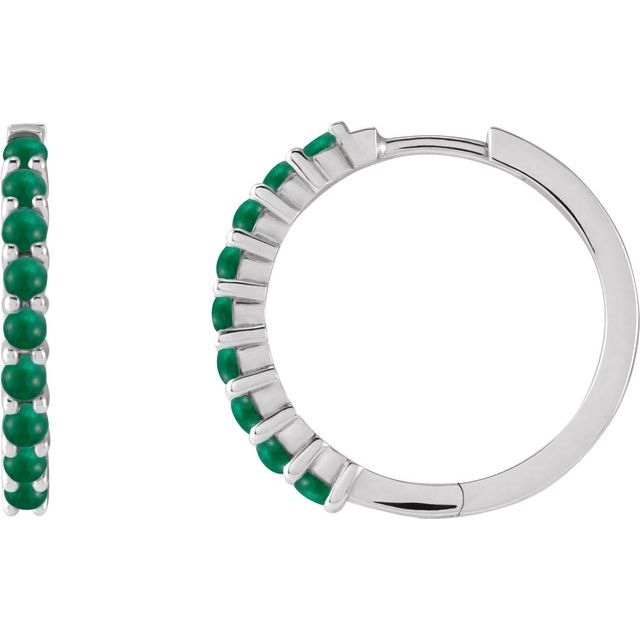 14K White Natural Emerald 20 mm Huggie Hoop Earrings