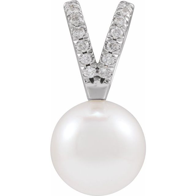 14K White Cultured White Akoya Pearl & .05 CTW Natural Diamond Pendant - Elegant Jewelry by Brand