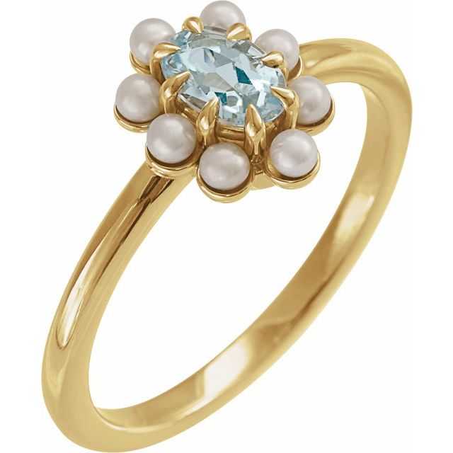 14K Yellow Natural Sky Blue Topaz & Cultured White Seed Pearl Halo-Style Ring - 72381:180:P