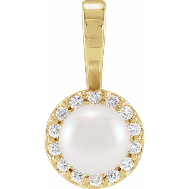 14K Yellow Cultured White Akoya Pearl  & 1/8 CTW Natural Diamond Pendant