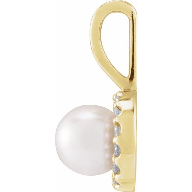 14K Yellow Cultured White Akoya Pearl  & 1/8 CTW Natural Diamond Pendant