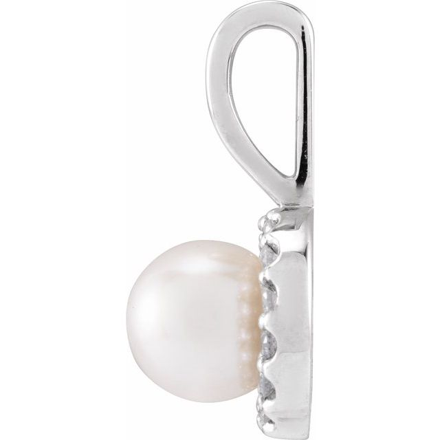 14K White Cultured White Akoya Pearl  & 1/8 CTW Natural Diamond Pendant